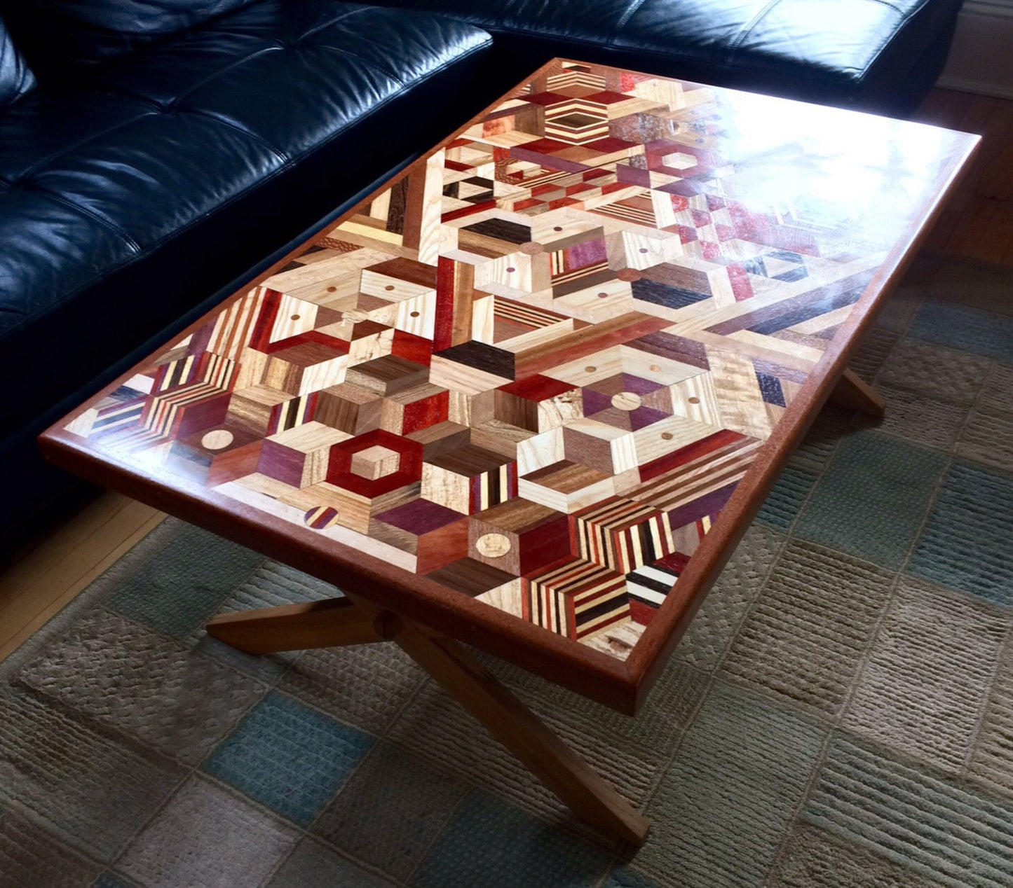 Coffee Table, Tiled Mosaic, Geometric patterns, Recycled Wood, Accent Furniture, Functional Art Piece