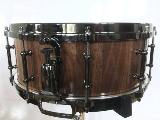 Snare Drum, Stave Snare, Walnut Snare Drum, Die Cast Hoops, Lacquer Finish, Black Nickel Hardware