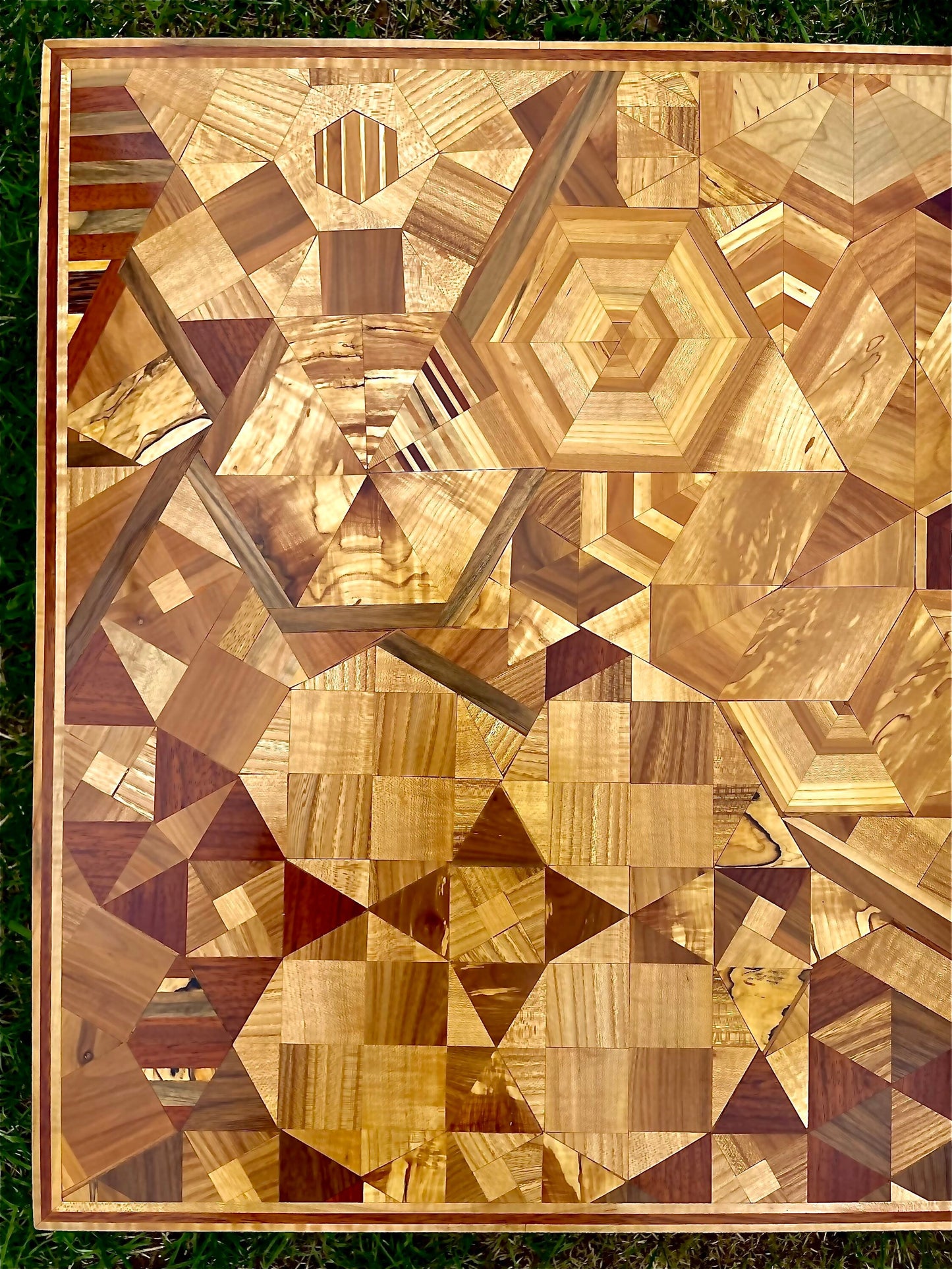 Mosaic wood tile tessellation, wall hanging, mosaic art work.